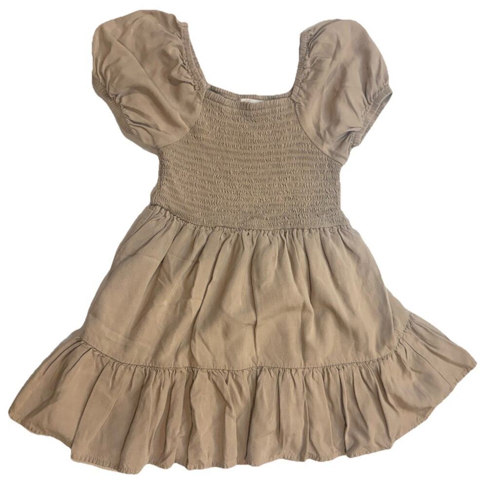 GB Girls Smocked Dress Girls Size 5 Tan Puff Sleeve Ruffle Cottagecore